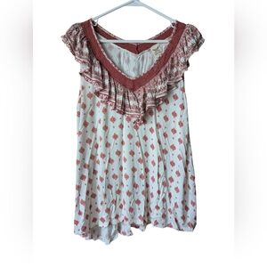 Faded Glory Stretchy Summer Tunic Blouse Lace Collar Ruffle Boho Hippie Flowy sz